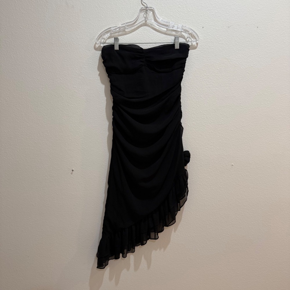 West of Melrose Black Strapless Ruched Asymmetrical Ruffle Mini Dress Small